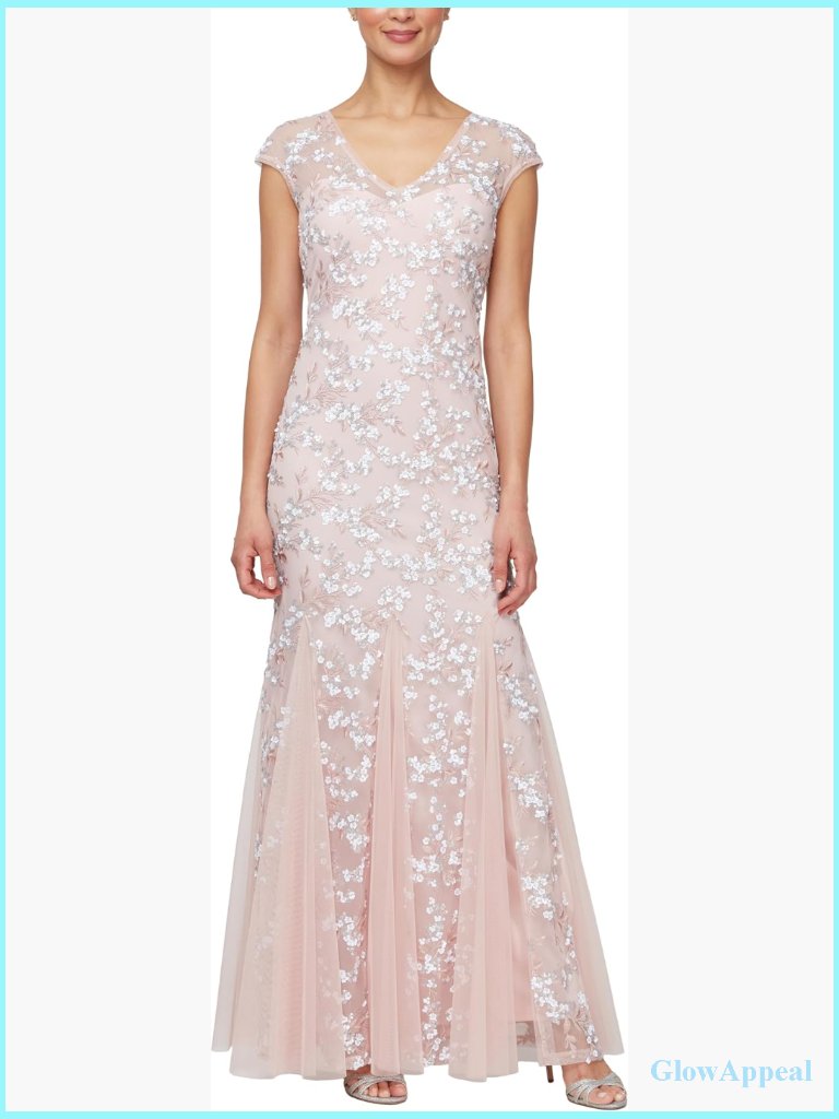 Floor Length Fit And Flare Gown With Illusion V-Neck & Godet Detail